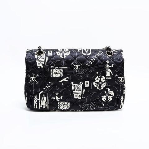 CHANEL 22 Series 2016-2017 Icon Motif Satin Matelasse Double Flap Shoulder Bag black WS22441