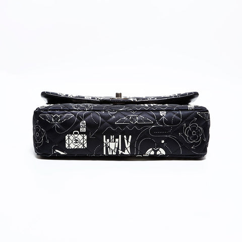 CHANEL 22 Series 2016-2017 Icon Motif Satin Matelasse Double Flap Shoulder Bag black WS22441