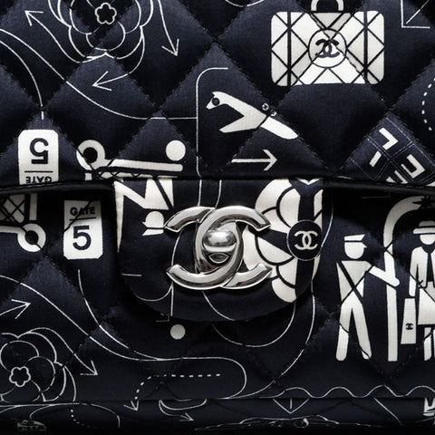 CHANEL 22 Series 2016-2017 Icon Motif Satin Matelasse Double Flap Shoulder Bag black WS22441