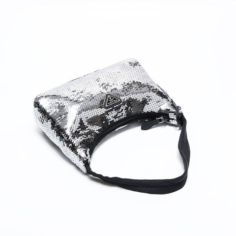 PRADA Re-Edition Sequin Hobo Nylon Shoulder Bag Silver WS22477