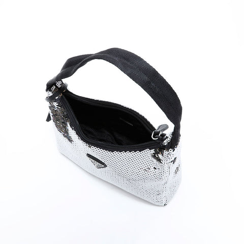 PRADA Re-Edition Sequin Hobo Nylon Shoulder Bag Silver WS22477