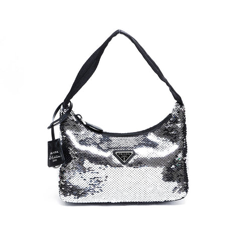 PRADA Re-Edition Sequin Hobo Nylon Shoulder Bag Silver WS22477
