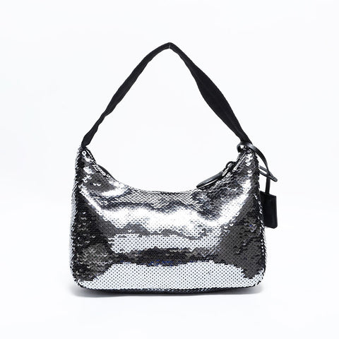 PRADA Re-Edition Pailletten Hobo Nylon Umhängetasche Silber WS22477