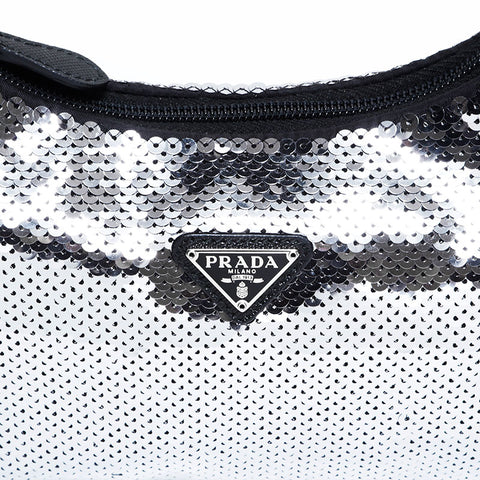 PRADA Re-Edition Sequin Hobo Nylon Shoulder Bag Silver WS22477