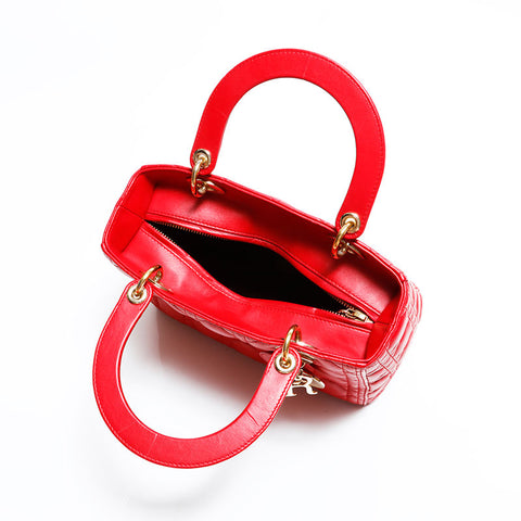 クリスチャンディオール Christian Dior レディ ディオール 2way ラムスキン ミディアム ハンドバッグ レッド WS22489