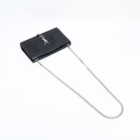 イヴ・サンローラン YVES SAINT LAURENT ケイト 型押しレザー シルバー金具 ショルダーバッグ ブラック WS22492
