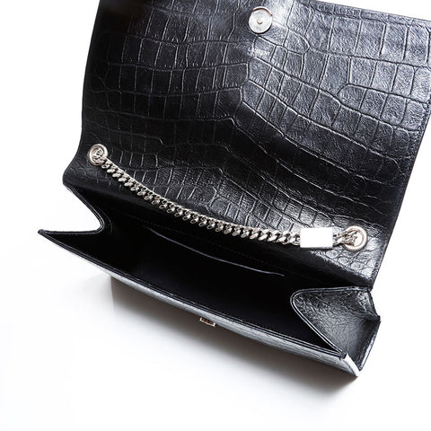 イヴ・サンローラン YVES SAINT LAURENT ケイト 型押しレザー シルバー金具 ショルダーバッグ ブラック WS22492