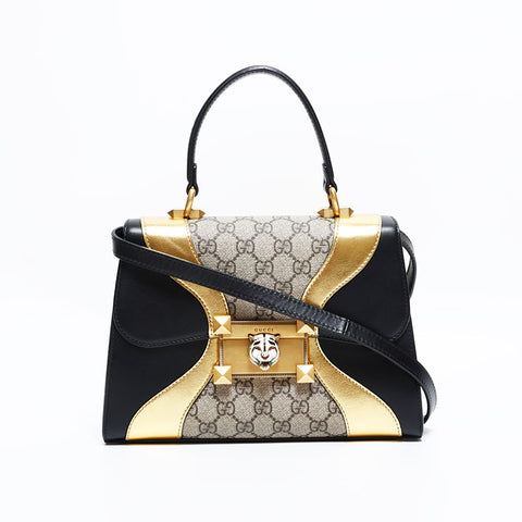グッチ GUCCI GG スプリーム 2way レザー タイガー トップハンドル ハンドバッグ ブラック WS22508