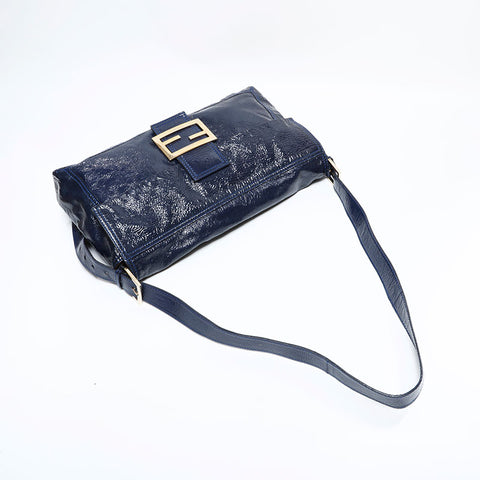 FENDI Mamma Patent Leather Large Shoulder Bag Navy WS22554
