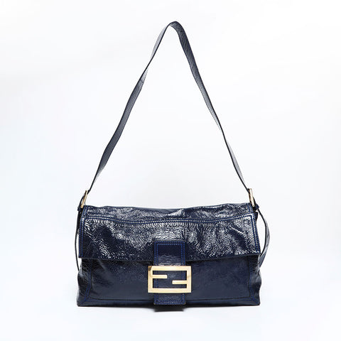 FENDI Mamma Patent Leather Large Shoulder Bag Navy WS22554