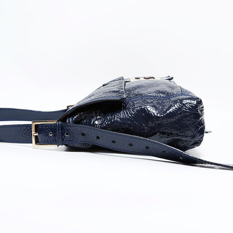 FENDI Mamma Patent Leather Large Shoulder Bag Navy WS22554