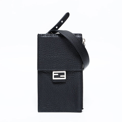 FENDI Leather Mamma Bucket Phone Case Shoulder Bag black WS22657
