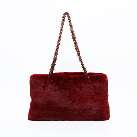 シャネル CHANEL 6番台 2000-2002 ラビット ファー チェーン ショルダーバッグ レッド WS22665