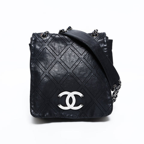 CHANEL 10 Series 2005-2006 Diamond Stitch Wild Stitch Chain Large COCO Mark Shoulder Bag black WS22666