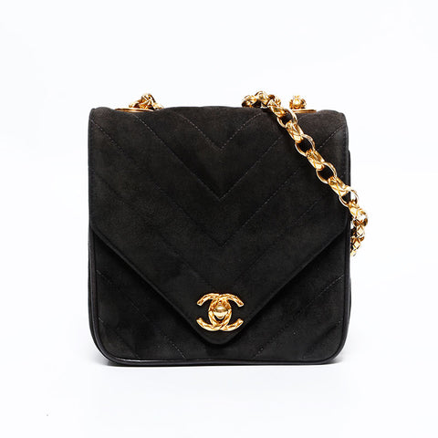 シャネル CHANEL 2番台 1991-1994 スエード シェブロン ミニ ショルダーバッグ ブラック WS22698