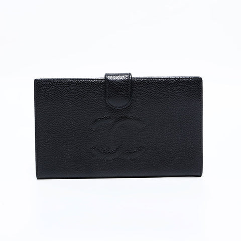 シャネル CHANEL 10番台 2005-2006 キャビア ココマーク 長財布 二つ折り財布 ブラック WS22713