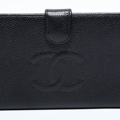シャネル CHANEL 10番台 2005-2006 キャビア ココマーク 長財布 二つ折り財布 ブラック WS22713