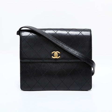シャネル CHANEL 5番台 1997-1999 ラムスキン ワイルドステッチ スクエア ショルダーバッグ ブラック WS22719