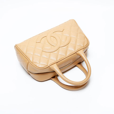 CHANEL Small Coco Mark Bowling Bag Caviar Skin Matelassé Handbag Beige WS22727