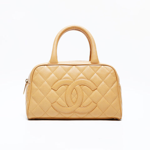 CHANEL Small Coco Mark Bowling Bag Caviar Skin Matelassé Handbag Beige WS22727