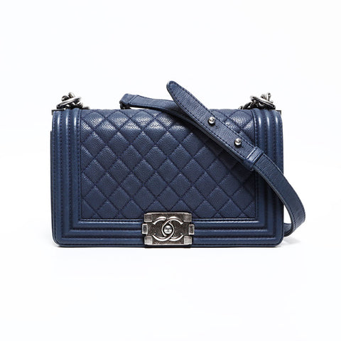 CHANEL 18 Series 2013–2014 Caviar Skin Boy Chain Shoulder Bag Navy WS22755