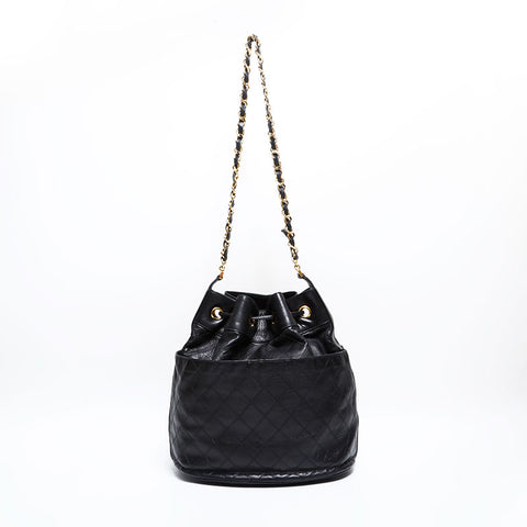 シャネル CHANEL ラムスキン 巾着 ダイアモンドステッチ ショルダーバッグ ブラック WS22758