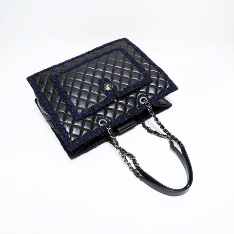 シャネル CHANEL 20番台 2014-2015 レザー マトラッセ ツイード チェーン トートバッグ ブラック WS22766