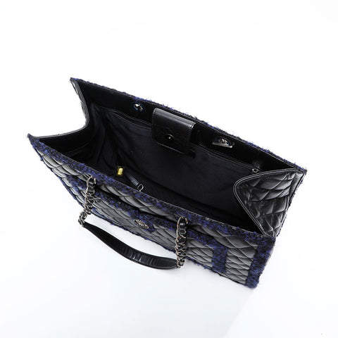 CHANEL 20 series 2014-2015 Leather Matelasse Tweed Chain Tote Bag black WS22766