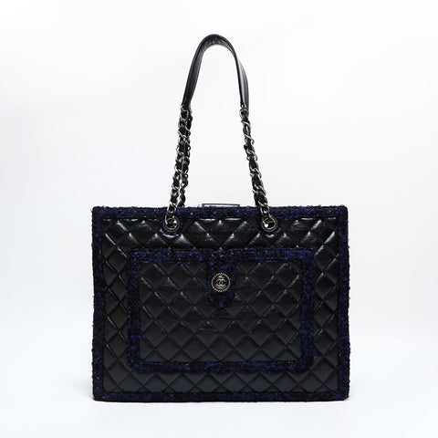 シャネル CHANEL 20番台 2014-2015 レザー マトラッセ ツイード チェーン トートバッグ ブラック WS22766