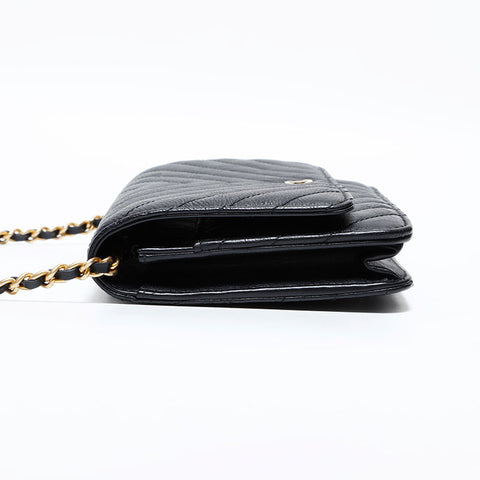シャネル CHANEL シェブロン レザー 22番台 チェーン ウォレット ミニ 2016-2017 ショルダーバッグ ブラック WS22776