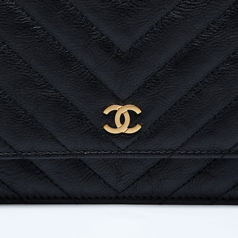 シャネル CHANEL シェブロン レザー 22番台 チェーン ウォレット ミニ 2016-2017 ショルダーバッグ ブラック WS22776
