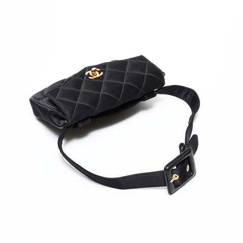 CHANEL 3 Series 1994–1996 Satin Matelassé Belt Waist Bag Black WS22777