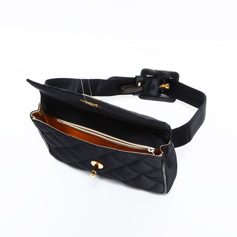 CHANEL 3 Series 1994–1996 Satin Matelassé Belt Waist Bag Black WS22777