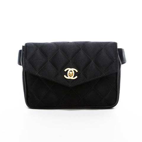 CHANEL 3 Series 1994–1996 Satin Matelassé Belt Waist Bag Black WS22777