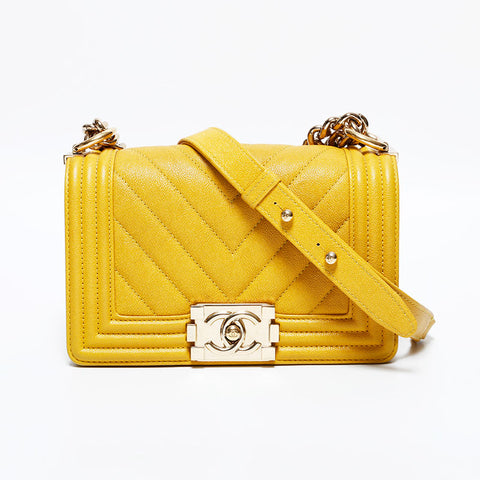 CHANEL 28 Series 2019 Mini Boy Chevron Caviar Shoulder Bag Yellow WS22779
