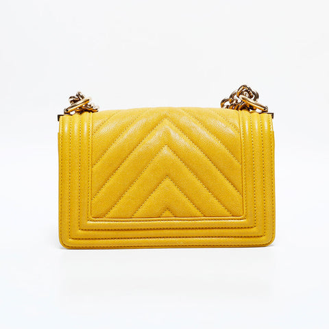 CHANEL 28 Series 2019 Mini Boy Chevron Caviar Shoulder Bag Yellow WS22779