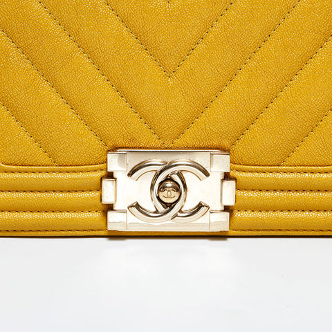 CHANEL 28 Series 2019 Mini Boy Chevron Caviar Shoulder Bag Yellow WS22779