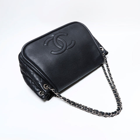 シャネル CHANEL 14番台 2010-2011 ココマーク キャビアスキンチェーン ハーフムーン フラップ ショルダーバッグ ブラック WS22794