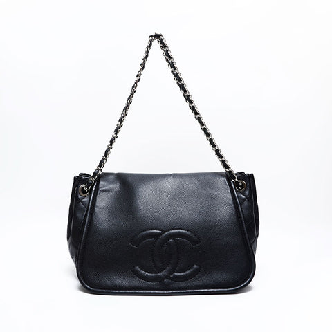 シャネル CHANEL 14番台 2010-2011 ココマーク キャビアスキンチェーン ハーフムーン フラップ ショルダーバッグ ブラック WS22794