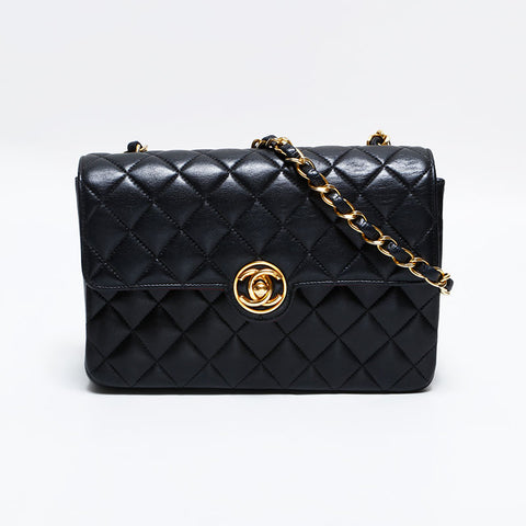 シャネル CHANEL 1番台 1989-1991 ラムスキン マトラッセ ミニ ターンロック ショルダーバッグ ブラック WS22813