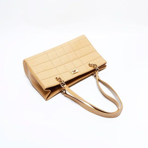 シャネル CHANEL 7番台 2000-2002 キャビアスキン チョコバー ショルダーバッグ ベージュ WS22816