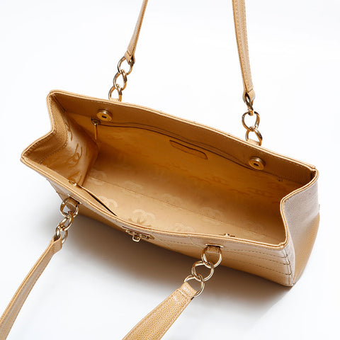 CHANEL No. 7 2000-2002 Caviar Skin Chocolate Bar Shoulder Bag beige WS22816