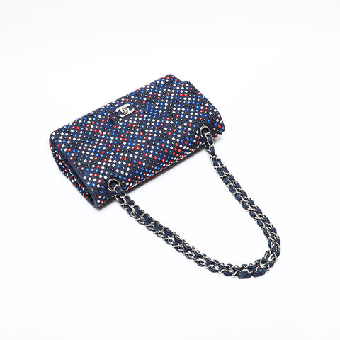 Chanel n ° 22 2016-2017 Bag d'épaule en denim à volet en cristal Navy WS22820