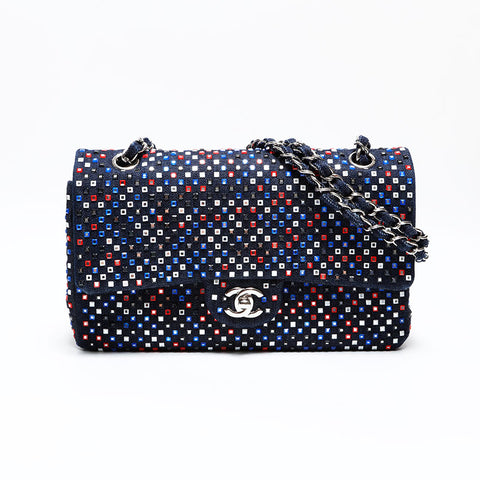 Chanel n ° 22 2016-2017 Bag d'épaule en denim à volet en cristal Navy WS22820