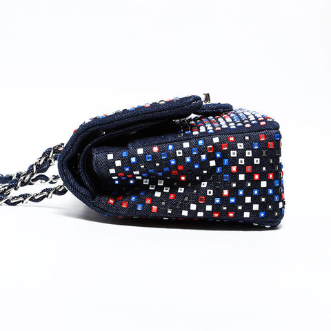 CHANEL No. 22 2016-2017 Crystal Flap Denim Shoulder Bag Navy WS22820