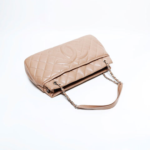 シャネル CHANEL 18番台 2013-2014 キャビアスキン マトラッセ デカ ココマーク チェーン トートバッグ ベージュ WS22827
