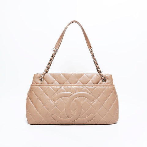 シャネル CHANEL 18番台 2013-2014 キャビアスキン マトラッセ デカ ココマーク チェーン トートバッグ ベージュ WS22827