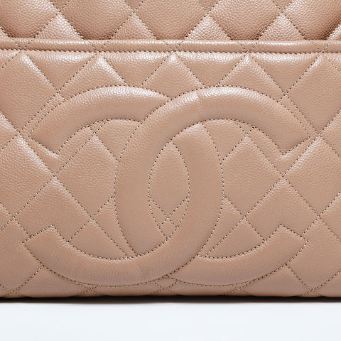 シャネル CHANEL 18番台 2013-2014 キャビアスキン マトラッセ デカ ココマーク チェーン トートバッグ ベージュ WS22827