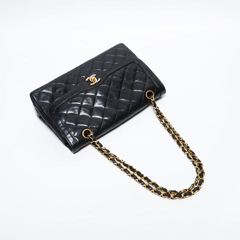 シャネル CHANEL 2番台 1989-1991 パリ限定 マトラッセ チェーン ラムスキン ハンドバッグ ブラック WS22828