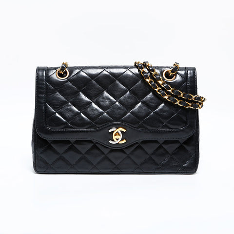 シャネル CHANEL 2番台 1989-1991 パリ限定 マトラッセ チェーン ラムスキン ハンドバッグ ブラック WS22828